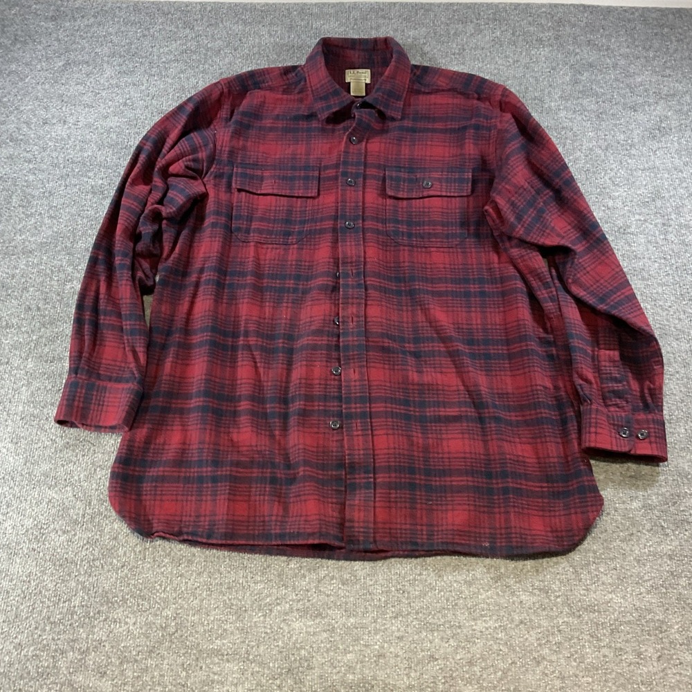 LL Bean Traditional Fit Flannel Shirt Mens XL Tall Red Navy Blue Plaid 277982